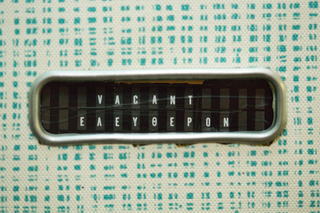 The VACANT-OCCUPIED slider has Greek translations, like other signage aboard the plane. The 727 made 43,000 flights in service to Olympic Airways. According to the aircraft’s records, the jet carried Jacqueline Kennedy Onassis and Sen. Ted Kennedy in 1975 as they accompanied the body of Greek shipping magnate Aristotle Onassis for burial on a private island off the coast of Greece.