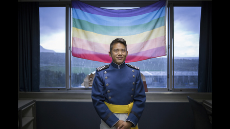 Second Lieutenant Calvin Llarena in his dorm room at the Air Force Academy in Colorado Springs.